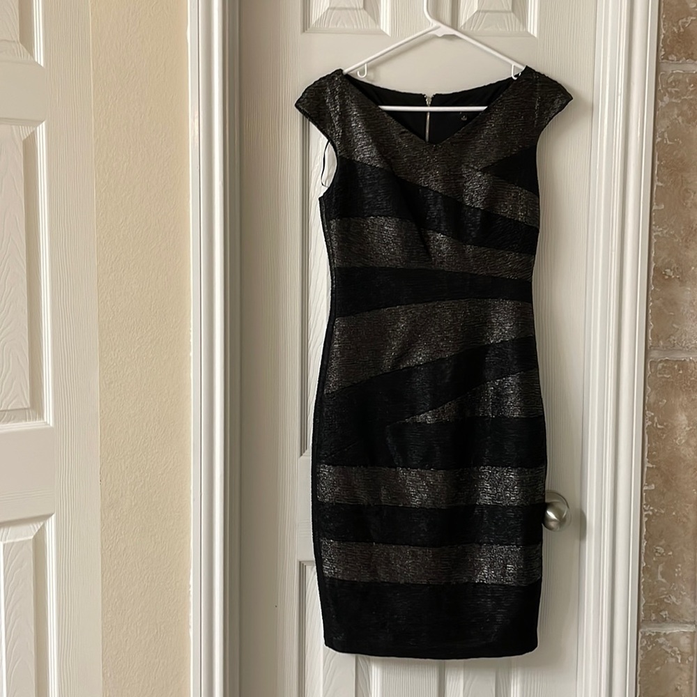 Jax Black and silver fitted midi dress. Size 2